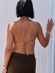 Rochelle Humes Mustard Yellow Woodblock Shirred Triangle Bikini Top - Image 3 of 7