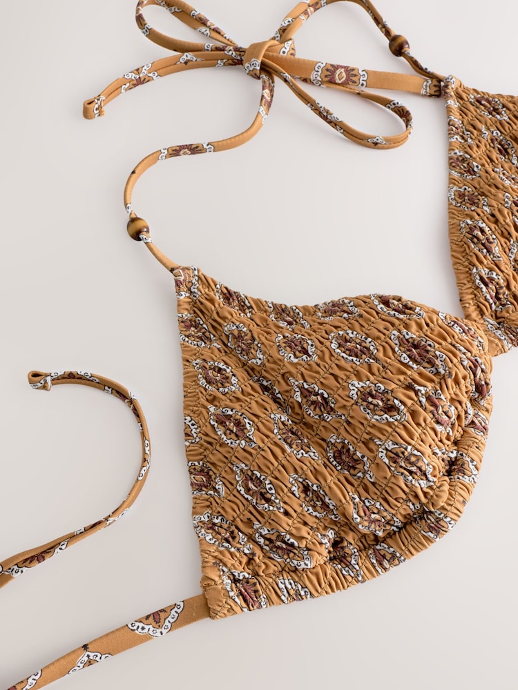 Rochelle Humes Mustard Yellow Woodblock Shirred Triangle Bikini Top - Image 7 of 7