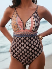 Chocolate Brown Woodblock Plunge Tummy Control Swimsuit - Image 2 of 11