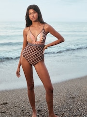 Chocolate Brown Woodblock Plunge Tummy Control Swimsuit - Image 4 of 11