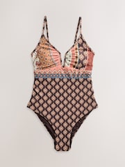 Chocolate Brown Woodblock Plunge Tummy Control Swimsuit - Image 8 of 11