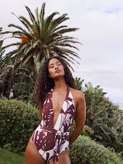 White/Brown Abstract Halter Plunge Tummy Control Swimsuit - Image 4 of 8