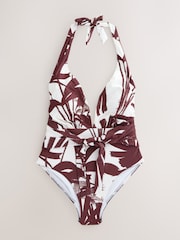 White/Brown Abstract Halter Plunge Tummy Control Swimsuit - Image 6 of 8