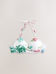 Cream Floral Print High Shine Padded Wired Plunge Bikini Top - Image 1 of 3
