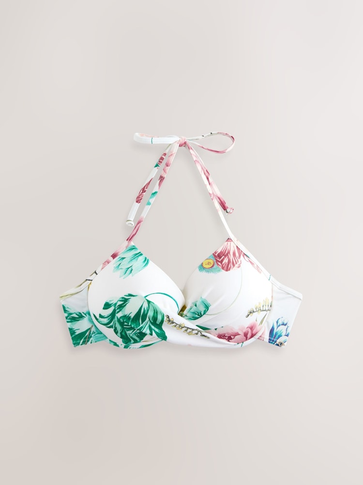 Cream Floral Print High Shine Padded Wired Plunge Bikini Top - Image 1 of 3