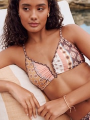 Brown/Ochre Woodblock Spliced Crop Bikini Top - Image 1 of 8