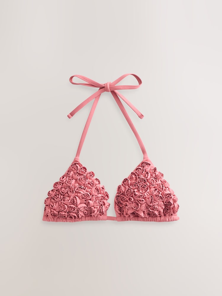 Rose Pink 3D Floral Appliqué Triangle Bikini Top - Image 1 of 1