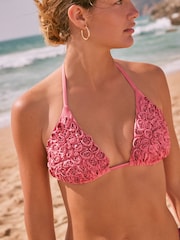 Rose Pink 3D Floral Appliqué Triangle Bikini Top - Image 6 of 7
