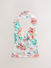 Cream Floral Print High Shine Frill Halterneck Tummy Control Tankini Top - Image 1 of 4