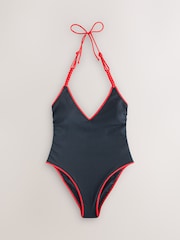 Navy Rib/Red Plaited Halter Strap Tummy Control Plunge Swimsuit - Image 8 of 11