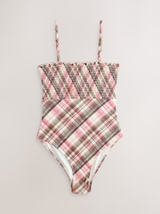 Pink/Cream Check Shirred Tummy Control Bandeau Swimsuit - Image 7 of 10