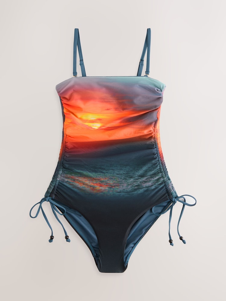 Blue/Orange Sunset Bandeau Ruched Leg Tummy Control Shaping Swimsuit - Image 1 of 3