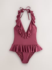 Burgundy Red Ruffle Halterneck Peplum Plunge Tummy Control Swimsuit - Image 6 of 9