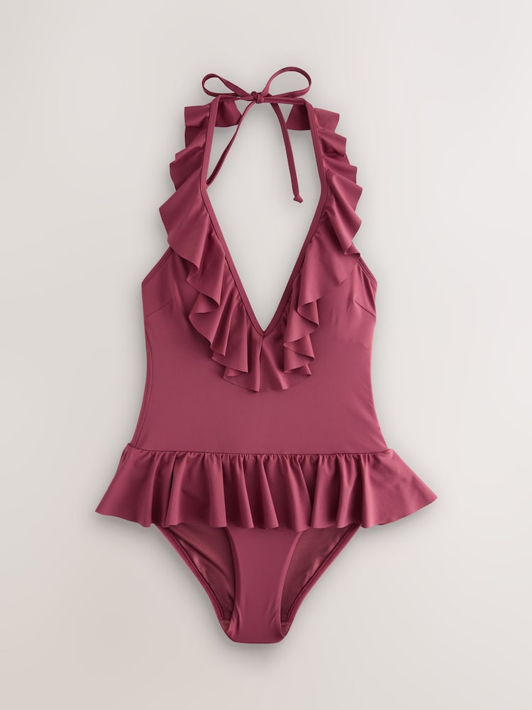 Buy Burgundy Red Ruffle Halterneck Peplum Plunge Tummy Control