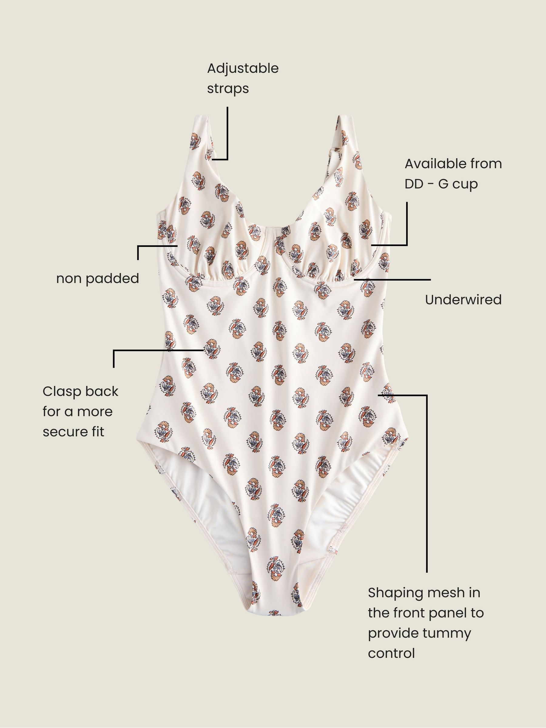 Buy Cream Woodblock Tummy Control DD+ Wired Swimsuit from the Next