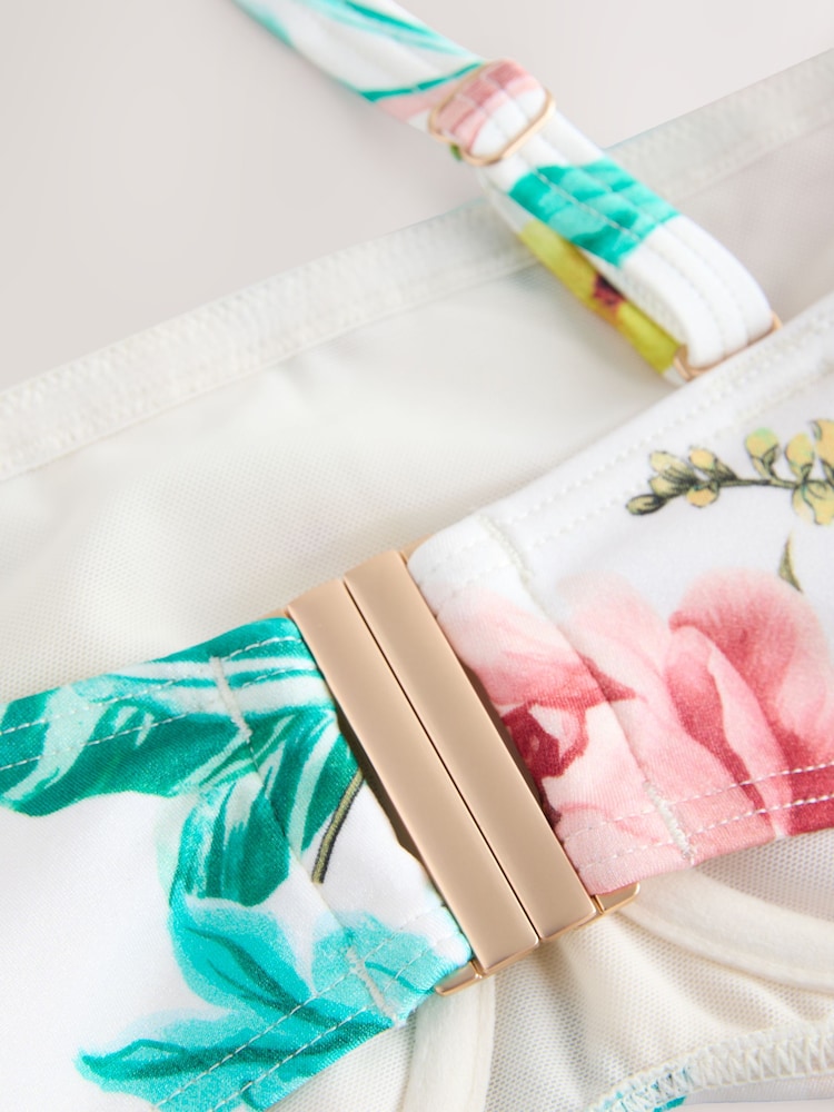 White Floral High Shine DD+ Non Pad Minimise Bandeau Bikini Top - Image 11 of 11