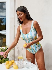 White/Blue Stripe Lemon Print Dd+ Wired Scoop Neck Tummy Control Swimsuit - Image 5 of 10