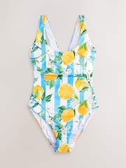 White/Blue Stripe Lemon Print Dd+ Wired Scoop Neck Tummy Control Swimsuit - Image 8 of 10