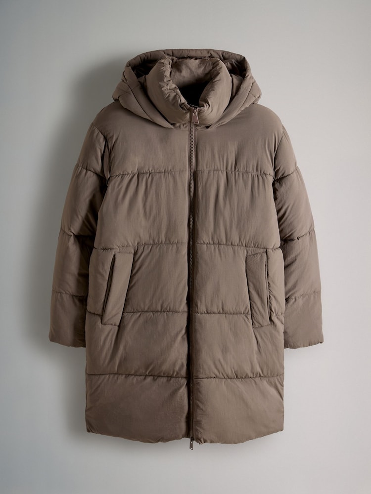 The Set Taupe Brown Hooded Longline Padded Midi Coat - Image 1 of 7 The Set Taupe Brown Hooded Longline Padded Midi Coat - Image 1 of 7
