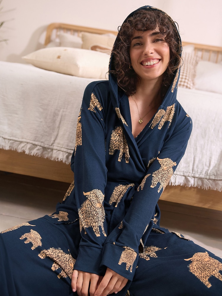 Navy Hamish The Altoland Cow - Cosy Lightweight Dressing Gown - Imagen 1 de 10