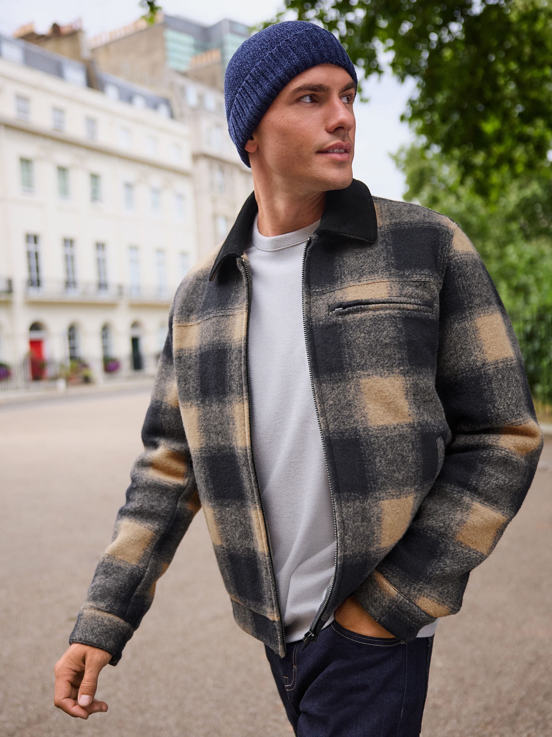 Buy Navy Blue/ Tan Cord Collar Check Wool Blend Worker Jacket from