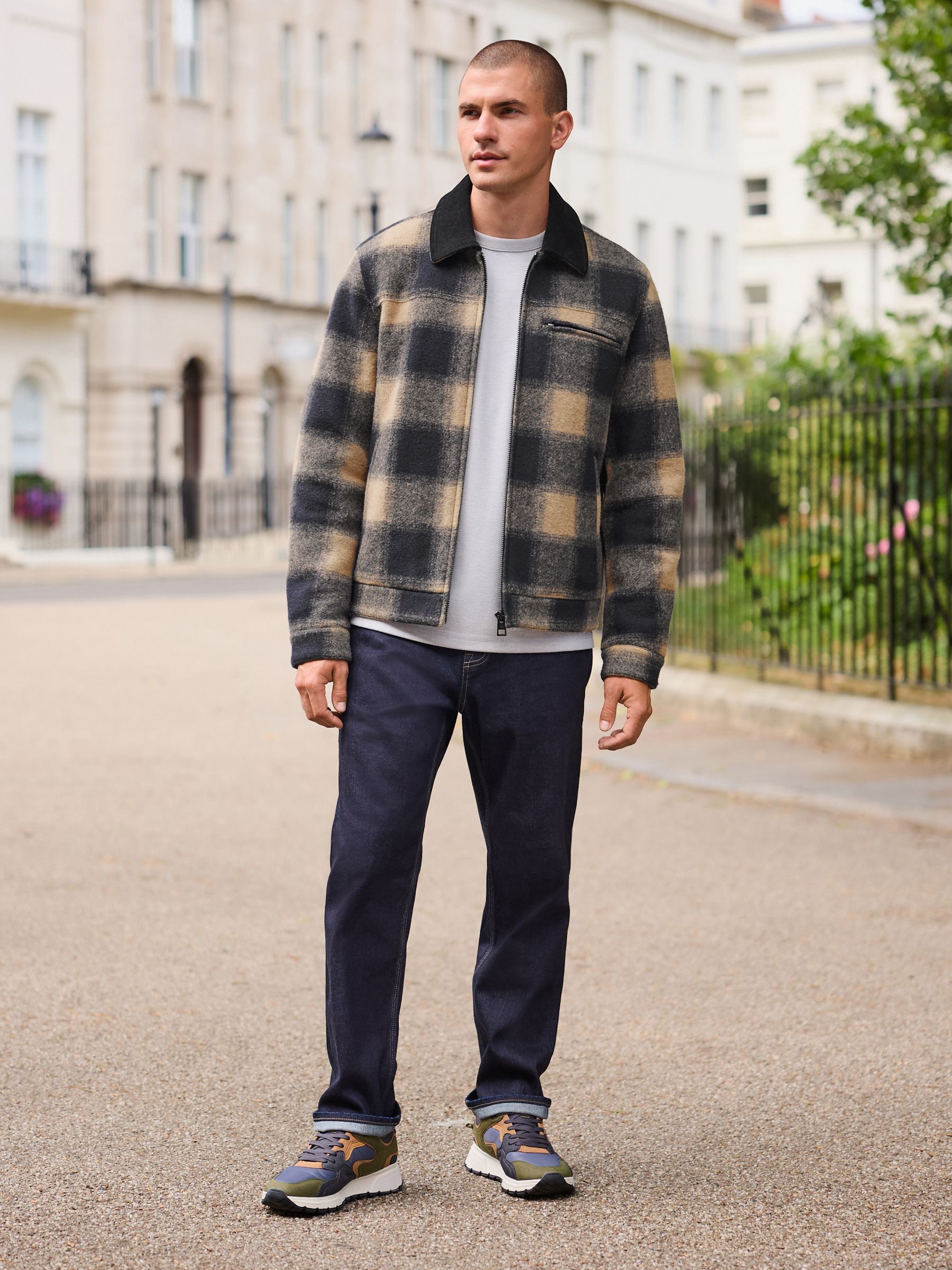 Buy Navy Blue/ Tan Cord Collar Check Wool Blend Worker Jacket from