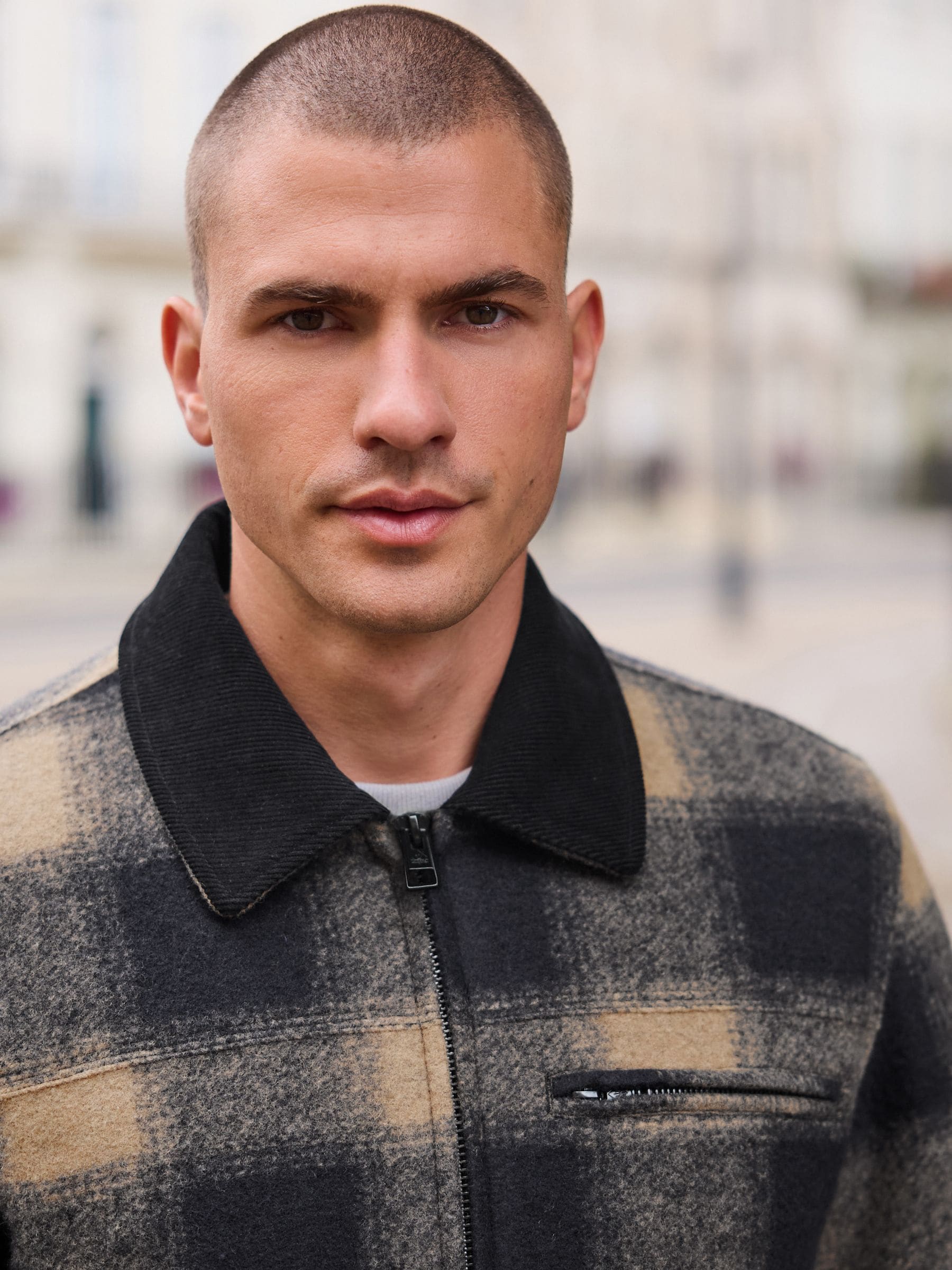 Buy Navy Blue/ Tan Cord Collar Check Wool Blend Worker Jacket from