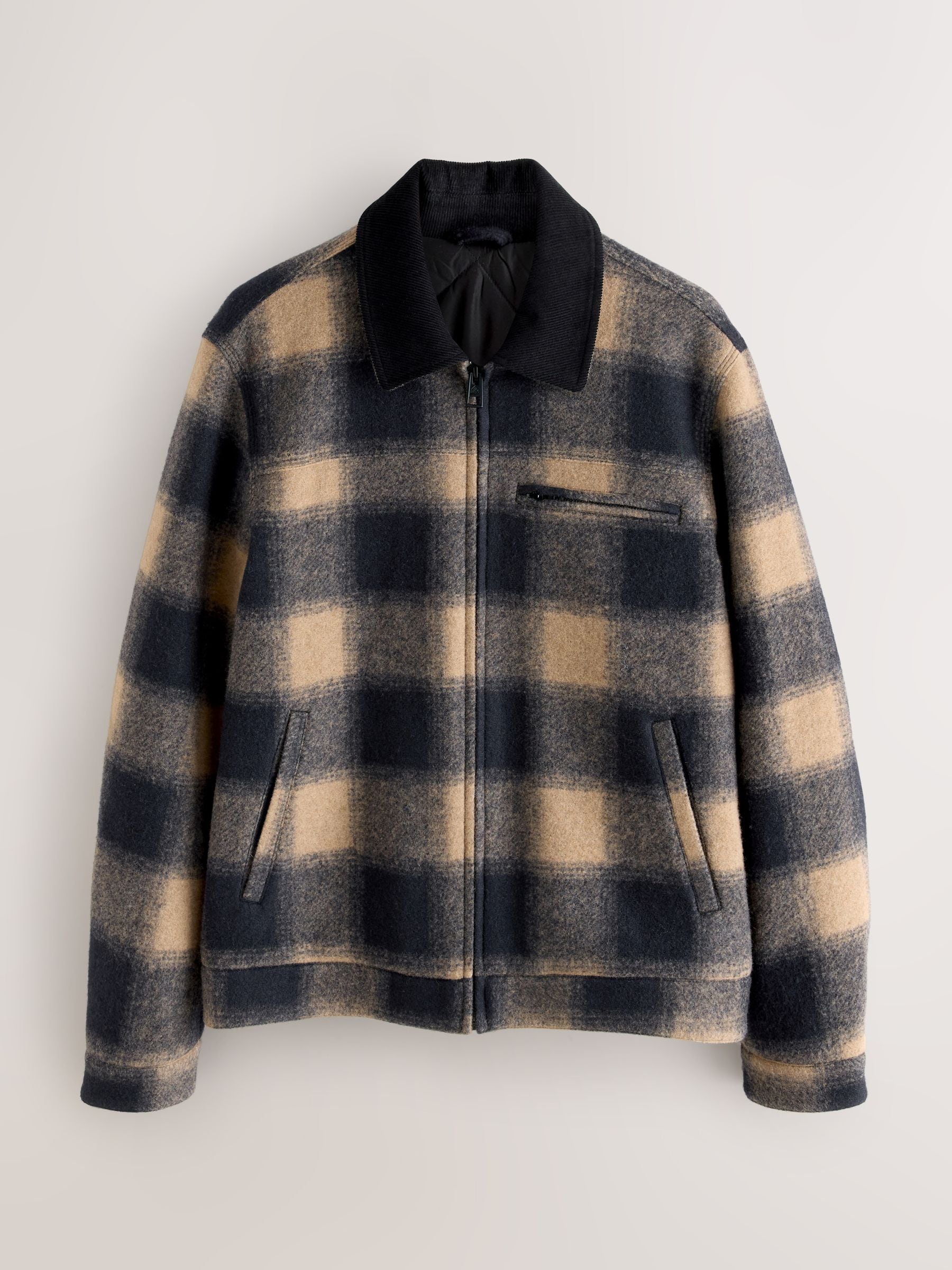 Buy Navy Blue/ Tan Cord Collar Check Wool Blend Worker Jacket from