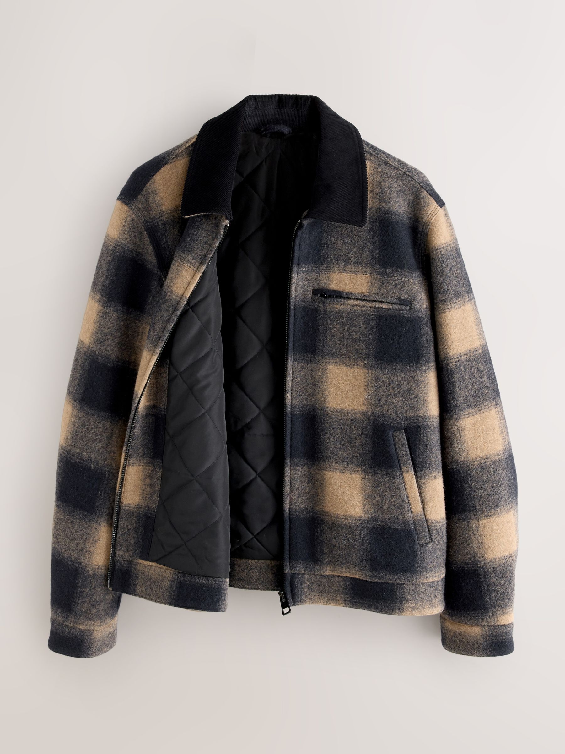 Buy Navy Blue/ Tan Cord Collar Check Wool Blend Worker Jacket from