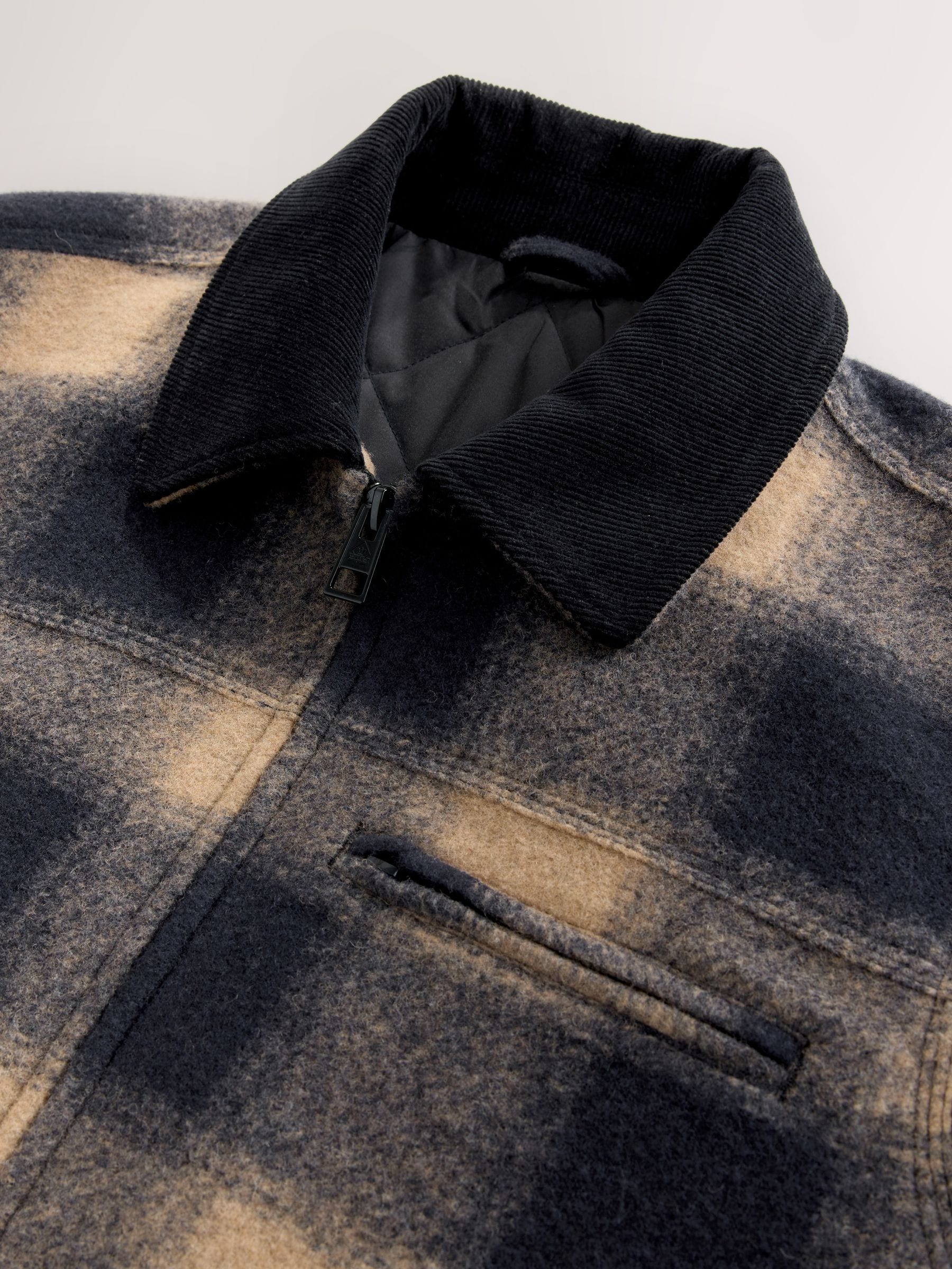 Buy Navy Blue/ Tan Cord Collar Check Wool Blend Worker Jacket from