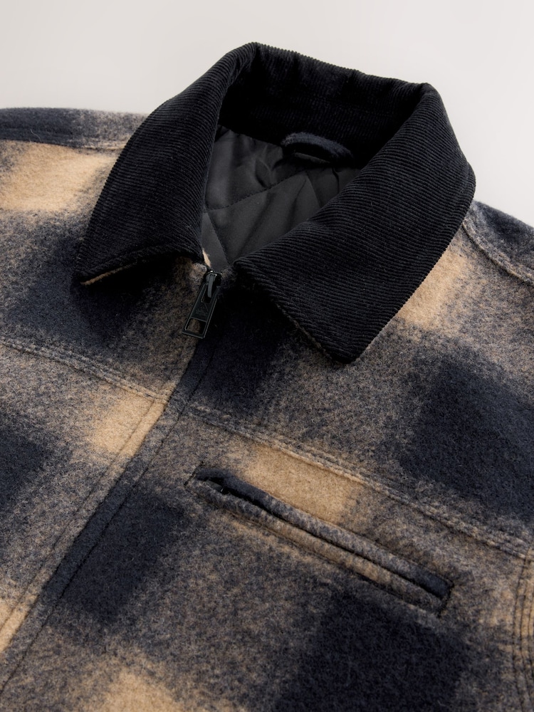 Navy Blue/ Tan Cord Collar Check Worker Jacket With Wool - Image 8 of 8
