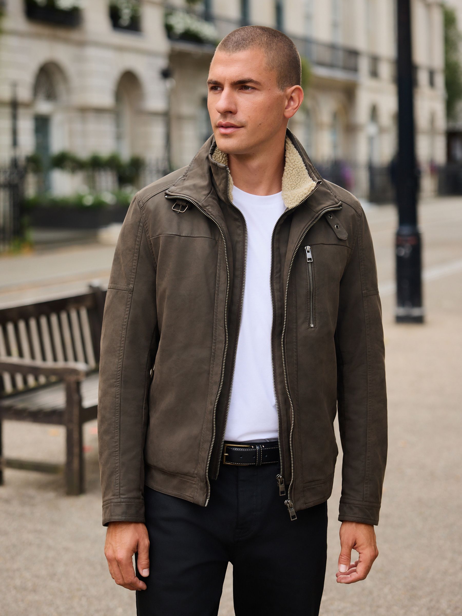 Buy Brown Borg Lined Faux Leather Jacket from the Next UK online shop