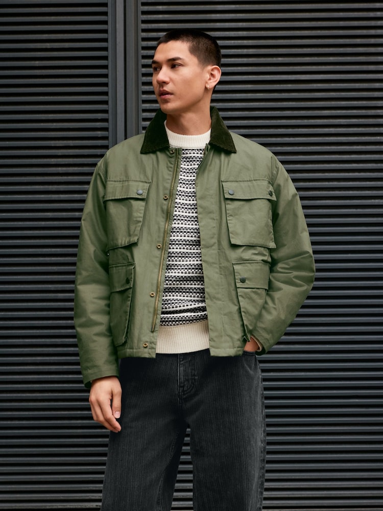 Khaki Green Waxed 4 Pocket Cord Collar Jacket - Image 1 of 11