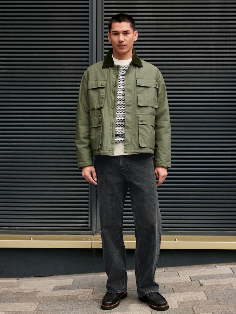Khaki Green Waxed 4 Pocket Cord Collar Jacket - Image 2 of 11