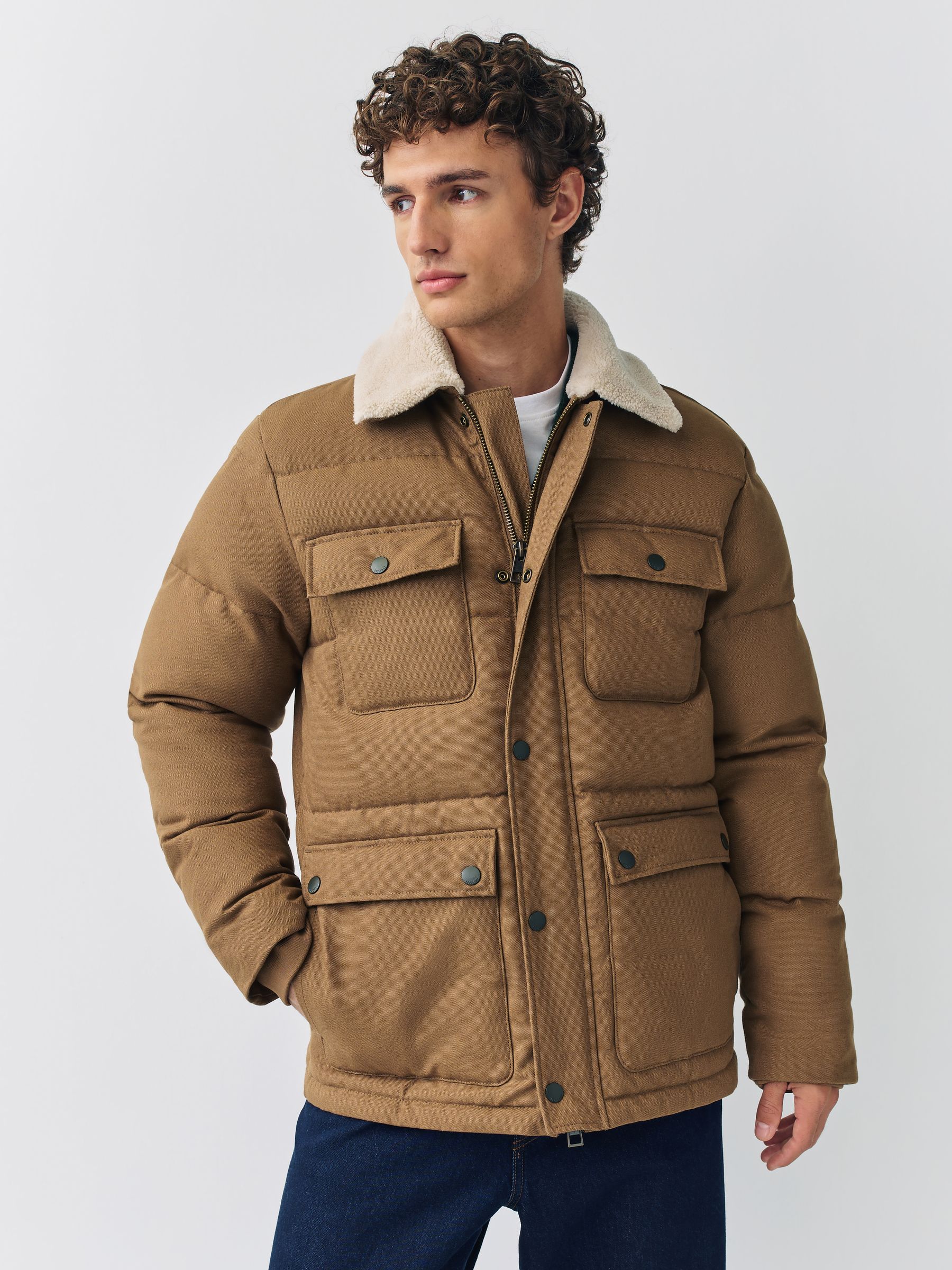 Buy Tan Brown Canvas Worker Puffer Jacket With Borg Collar from