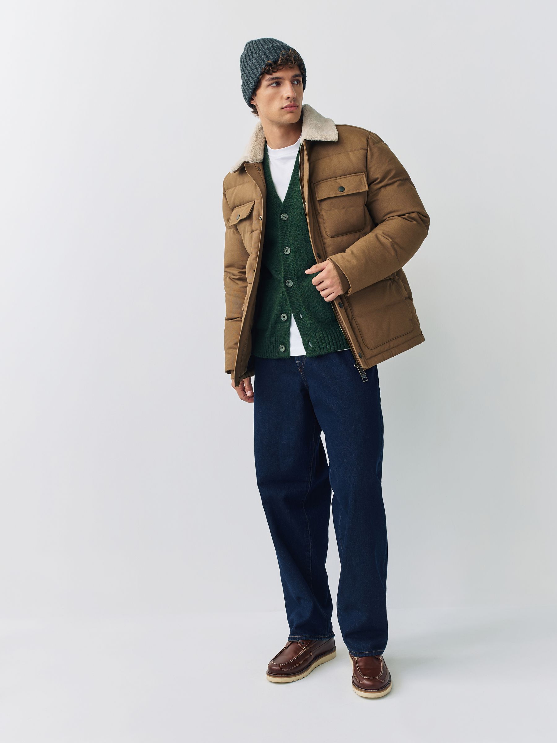 90s Unknown Destination ブラウンスエードジャケット Buy Tan Brown Canvas Worker Puffer Jacket With Borg Collar from