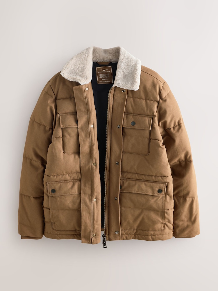 Tan Brown Canvas Worker Puffer Jacket With Borg Collar - Image 2 of 6 Tan Brown Canvas Worker Puffer Jacket With Borg Collar - Image 2 of 6