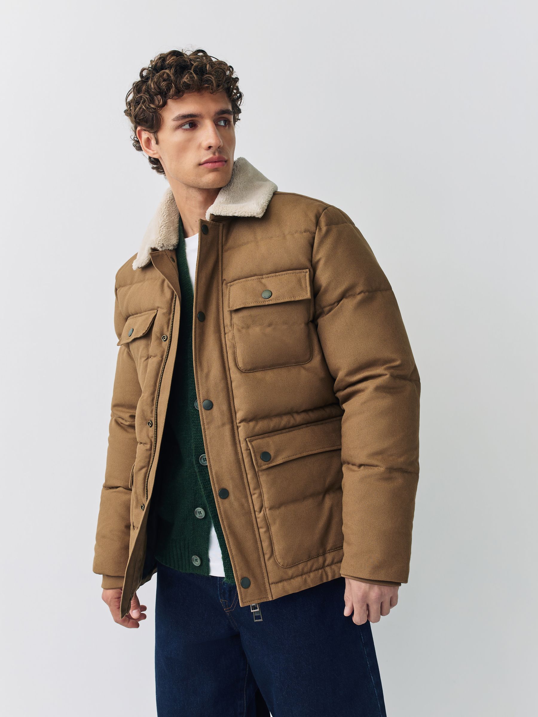 Buy Tan Brown Canvas Worker Puffer Jacket With Borg Collar from