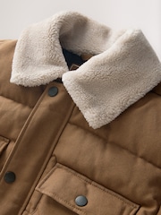 Tan Brown Canvas Worker Puffer Jacket With Borg Collar - Image 3 of 6