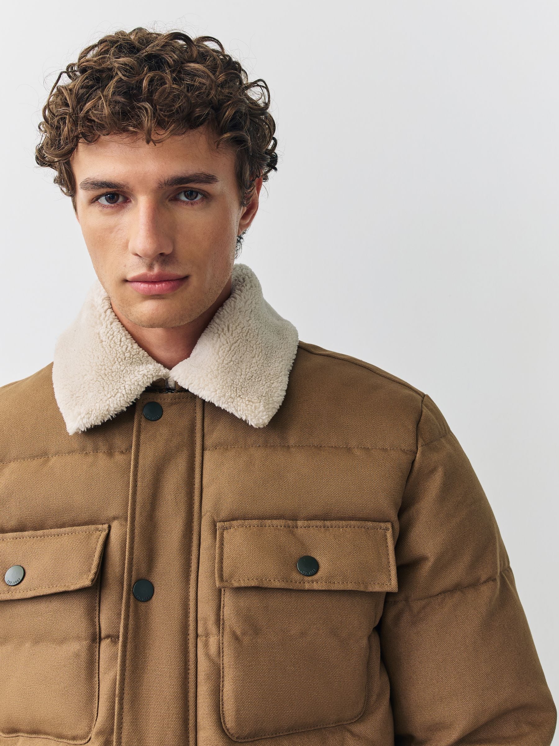 Buy Tan Brown Canvas Worker Puffer Jacket With Borg Collar from