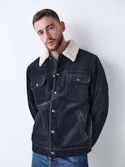 črna - Corduroy (sintetična tkanina) borg Lined Trucker jakna; suknjič - Slika 4 iz 12