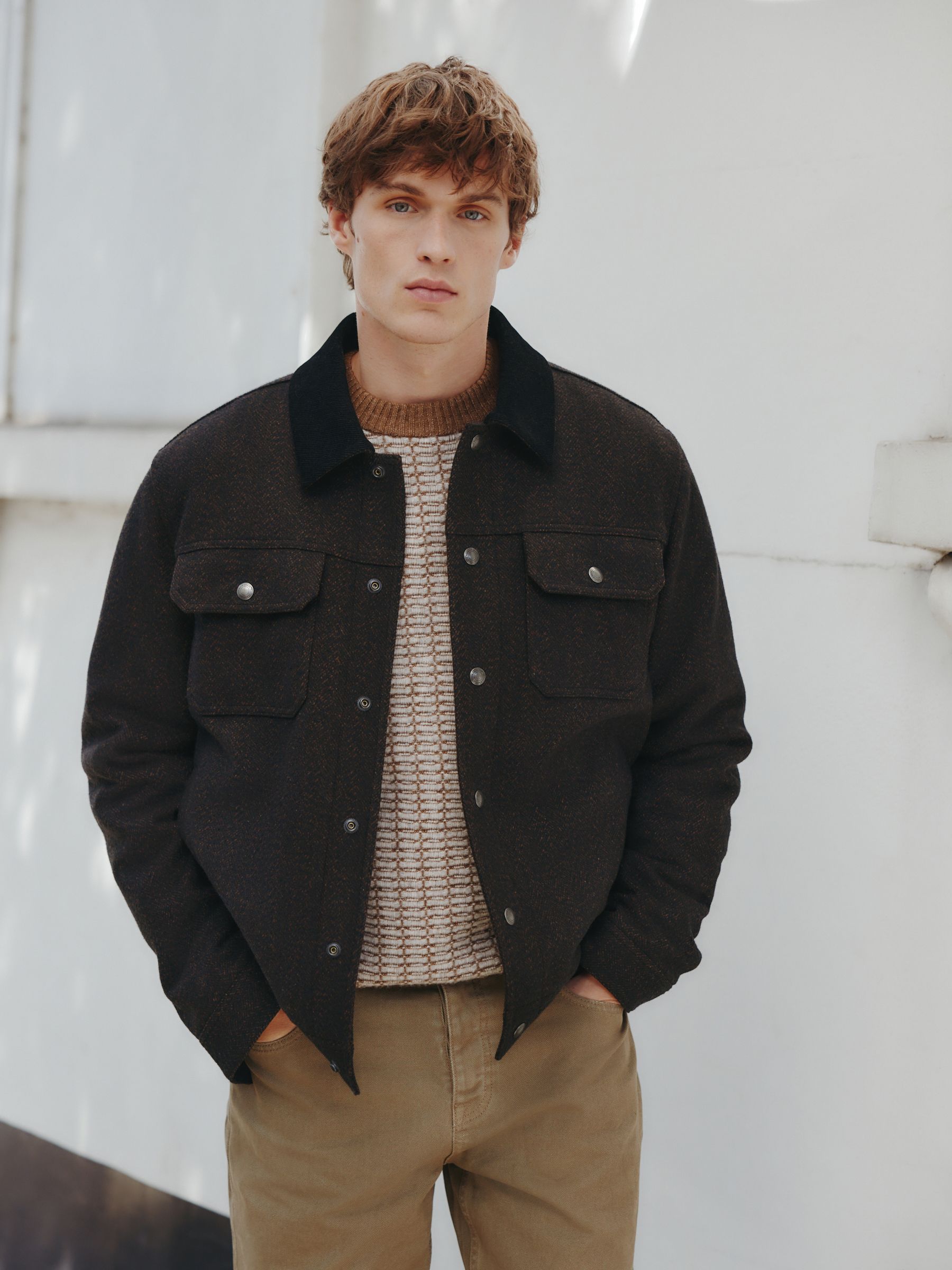 Buy Brown Cord Collar Herringbone Trucker Jacket with Wool from