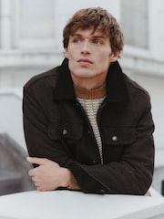 Brown Cord Collar Herringbone Trucker Jacket With Wool - Image 12 of 19