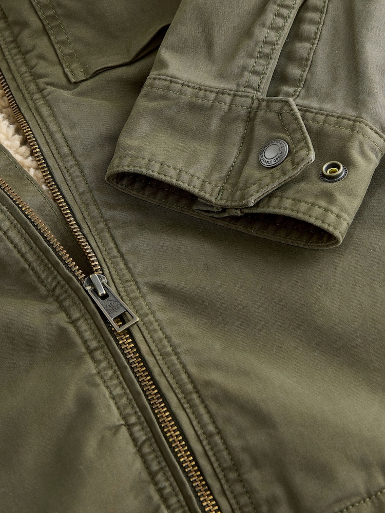 Khaki Green Borg Lined Zip Through Funnel Jacket - Image 11 of 11 Khaki Green Borg Lined Zip Through Funnel Jacket - Image 11 of 11