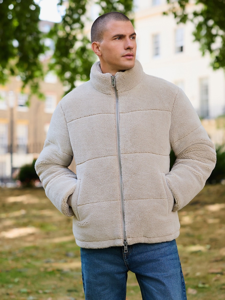 Ecru Borg Funnel Puffer Jacket - Image 1 of 12