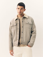 Grey Wool Blend Borg Lined Trucker Jacket - Image 1 of 9