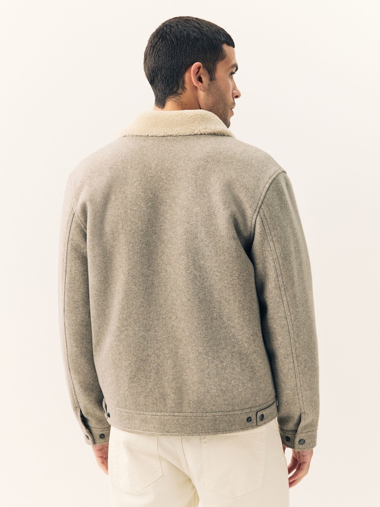 Grey Wool Blend Borg Lined Trucker Jacket - Image 2 of 9