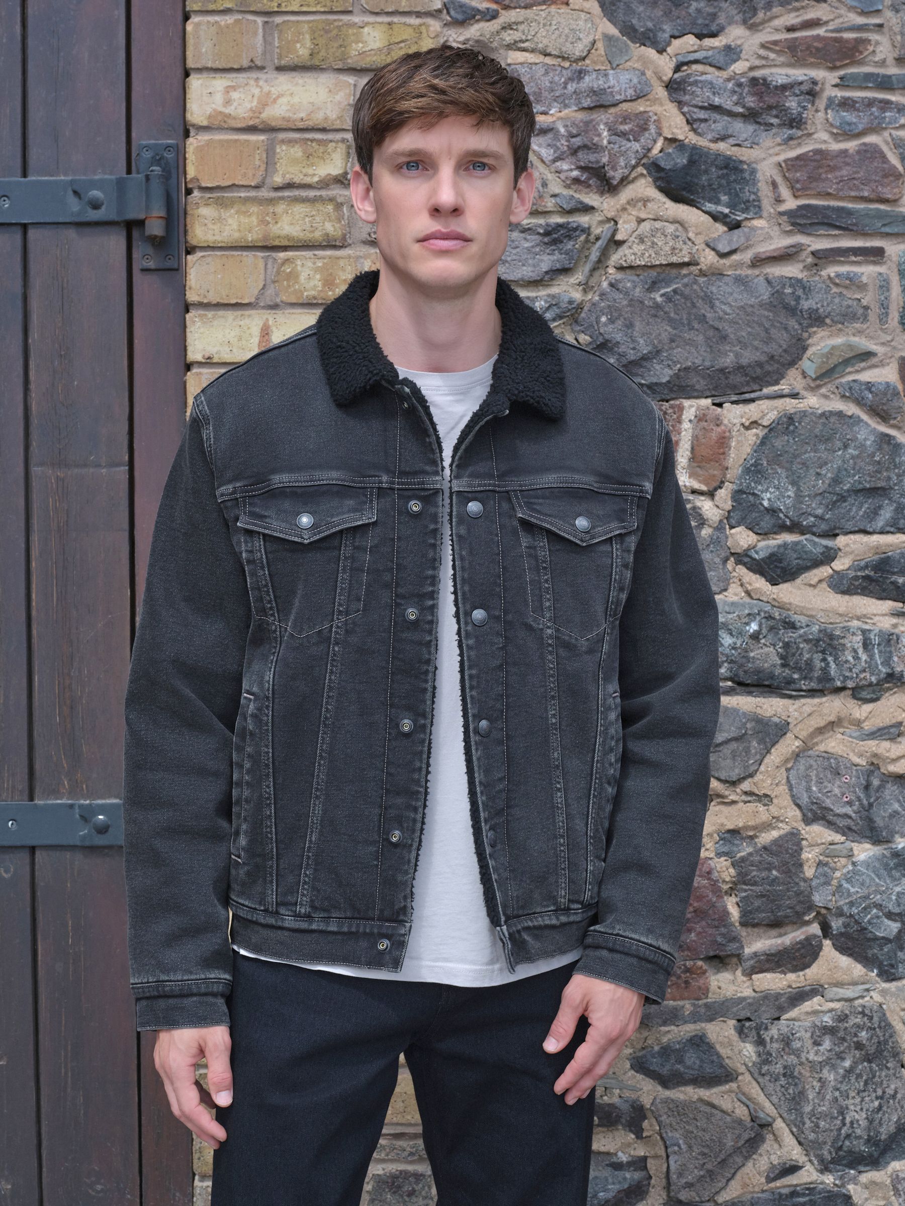 Buy Black Denim Western Jacket with Borg Lining from Next USA