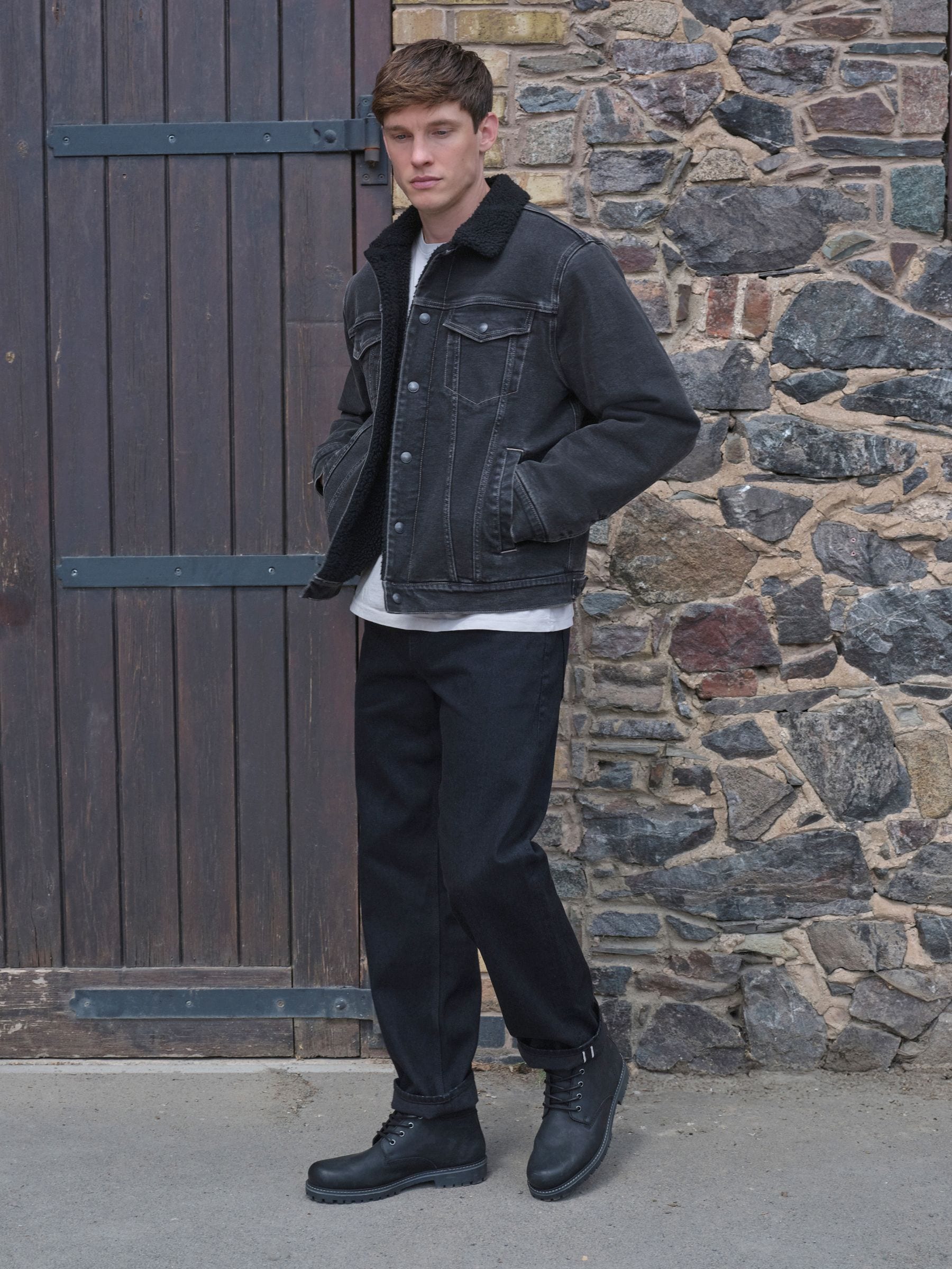 Buy Black Denim Western Jacket with Borg Lining from Next USA