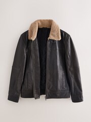 Brown Shearling Collar Leather Jacket - Image 12 of 14